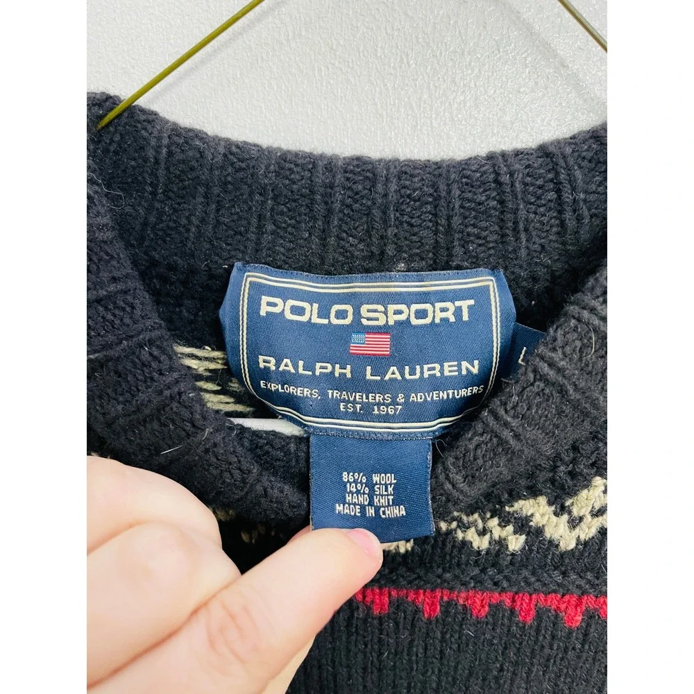 Vintage 90s Polo Sport Ralph Lauren Knit Wool Silk Fair Isle Reindeer Sweater L‎